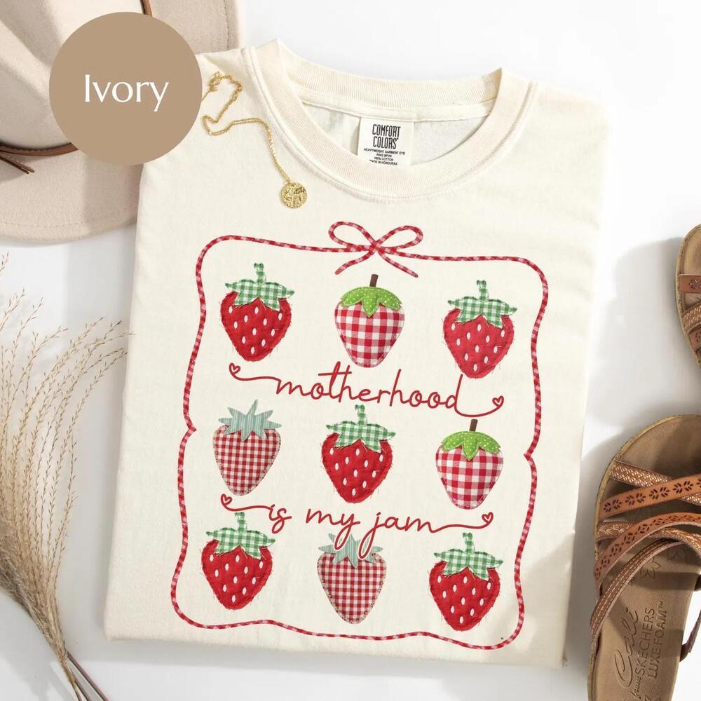 Motherhood My Jam Strawberry Shirt, Coquette Mothers Day Shirt